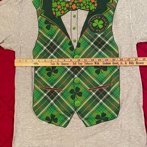 St. Patrick’s Day T-shirt with printed green plaid vest and bow tie on front  M - Picture 3 of 9